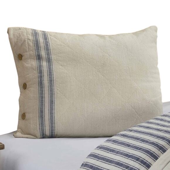 New in Packages Cotton Quilted Natural King Shams Blue Stripes Buttons - Picture 1 of 8